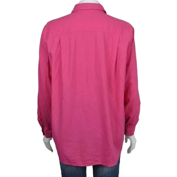 LOFT Linen Blend  Button Down Blouse Barbiecore Long Sleeve Size Large - Picture 4 of 11